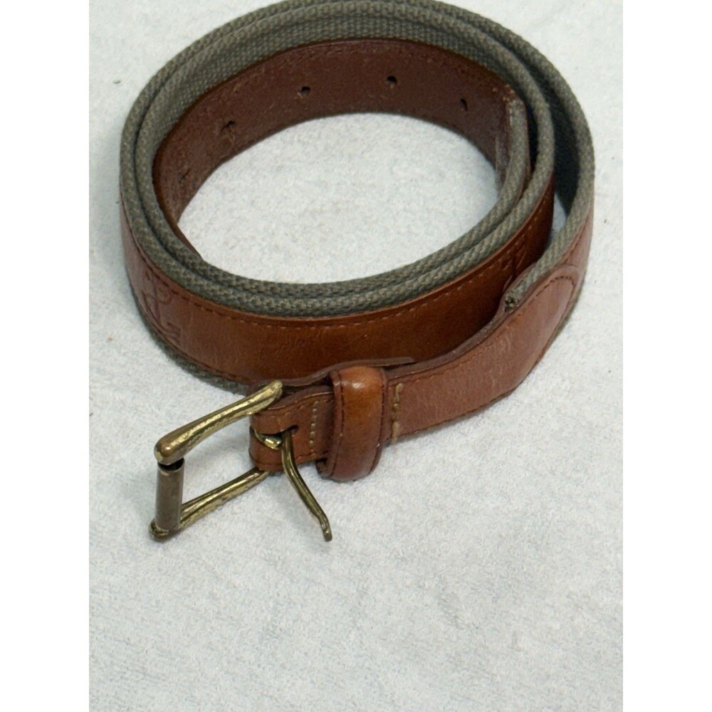 LL Bean Green Canvas & Tan Leather Belt W/Anchors  Sz 36